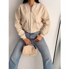 Kadın %100 Keten Kısa Bomber Premium Kalite Mont