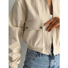 Kadın %100 Keten Kısa Bomber Premium Kalite Mont