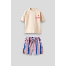 Magu Unisex Çocuk Ekru Çizgili Desenli Pamuklu T-shirt Şort Alt-Üst Takım