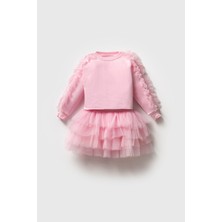 Magu Pembe Pamuklu Fırfırlı Sweatshirt Tüllü Etek Alt-Üst Takım Kız Çocuk