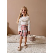 Magu Kız Çocuk Beyaz Pamuklu Body Ekose Şort Etek Alt-Üst Takım