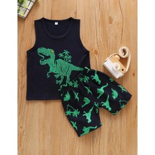 Kids Faceözel Tasarım Yeşil Dinazor Baskılı Erkek Çocuk Yazlık Kolsuz T-Shirt Şort Takım