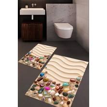 Carmine Carpet Dijital Baskılı Yıkanabilir Deniz Kabuğu Desenli Kaymaz Taban 2'li Banyo Paspas Seti