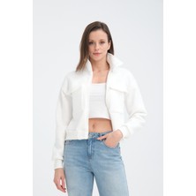 Pamuklu Içi Polarlı Cepli Crop Ceket