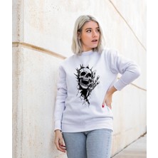 Bisklet Yaka Unisex Uzun Kollu Sweatshirt Iskelet Kafası Baskılı