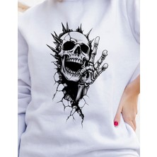 Bisklet Yaka Unisex Uzun Kollu Sweatshirt Iskelet Kafası Baskılı