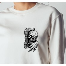 Bisklet Yaka Unisex Uzun Kollu Sweatshirt Iskelet Kafası Baskılı