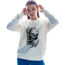 Bisklet Yaka Unisex Uzun Kollu Sweatshirt Iskelet Kafası Baskılı