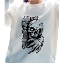 Bisklet Yaka Unisex Uzun Kollu Sweatshirt Iskelet Kafası Baskılı