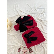TREND COLOR Peluş Uzun Çorap Takım Kırmızı Fiyonklu Uyku Çorabı ve Ayak Isıtıcı Peluş Sıcak 2 TL Sıcak Su Torbası ile Beraber