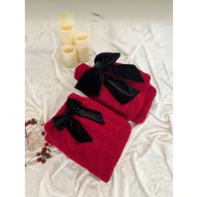 TREND COLOR Peluş Uzun Çorap Takım Kırmızı Fiyonklu Uyku Çorabı ve Ayak Isıtıcı Peluş Sıcak 2 TL Sıcak Su Torbası ile Beraber