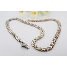 Jia Jewelry V Model Gol-Silver Taşlı Çelik Kolye