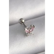 Shopzum 316L Çelik Gümüş Renk Pembe Zirkon Taşlı Kelebek Tragus Piercing
