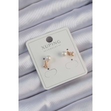 Xuping Rose Renk Zirkon Taşlı Incili Minimal Fiyonk Küpe