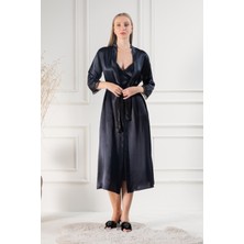 Lunoche Nightwear Kadın Güpür Dantel ve Sırt Detaylı Uzun Saten Çeyizlik Ikili Gecelik Sabahlık Takımı