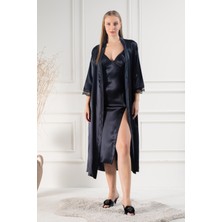 Lunoche Nightwear Kadın Güpür Dantel ve Sırt Detaylı Uzun Saten Çeyizlik Ikili Gecelik Sabahlık Takımı
