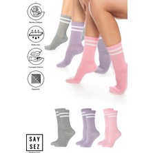 Saysez Bambu Unisex Tenis Kolej Çizgili Premium Dikişsiz Soket Çorap 3'lü Paket