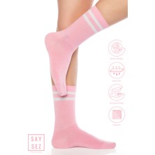 Saysez Bambu Unisex Tenis Kolej Çizgili Premium Pembe Renk Dikişsiz Soket Çorap