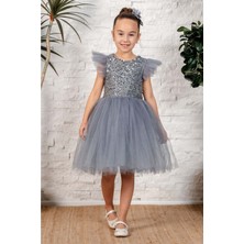 Mnk Baby & Kids Gri Küpeli Pul Payet Tüllü Kız Çocuk Elbise Özel Olaylar İçin Şık Stil