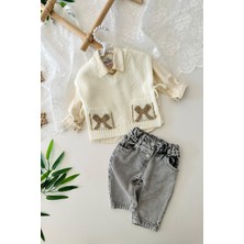 Miniğimin Cicileri Fiyonk Cep Detaylı Trikolu Kız Bebe 3 lü takım - Krem