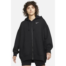 Nike Sportswear Essentials Oversize Fleece Full Zip Hoodie Kadın Geniş Kalıp Kapüşonlu Sweatshirt Siyah