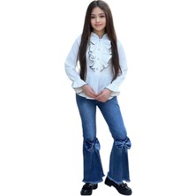 İrem Çocuk Giyim Kız Çocuk Gömleği Fırfır Pantolonu Kurdele Detaylı Kot Gömlek Pantolon Ikili Takım