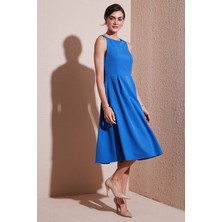 Lela Bisiklet Yaka Regular Fit Cepli Pileli Midi Elbise Bayan ELBİSE 6051963