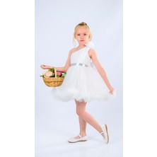 Mnk Baby & Kids Beyaz Tek Omuz Kız Çocuk Abiye MNK0599 Düğün ve Parti İçin Rahat Kullanım