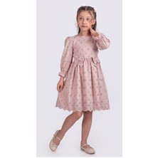 Kız Çocuk Uzun Kollu Kolları Lastikli Gupürlü Kurdele Detaylı Elbise ELB.2774