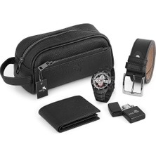 Polo Air Erkek Kol Saati El Çantası Cüzdan Kemer Çakmak Set Siyah Kombin PL-0876E1