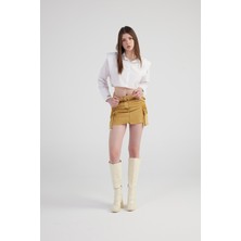 Mermer Desenli Kargo Cep Detaylı Mini Rusted Jean Etek Camel