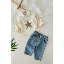 Miniğimin Cicileri Yıldız Pırıltı Detaylı Trikolu Kız Bebe 3 lü takım - Krem