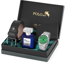 Polo Air Klasik Metal Kordon Erkek Kol Saati Cüzdan Kemer Parfüm Kombin Gümüş Yeşil Renk PL-0915E3