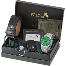 Polo Air Erkek Kol Saati Cüzdan Kemer Kartlık Anahtarlık Çakmak Kombin Set Gümüş Yeşil Renk PL-0916E3