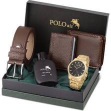 Polo Air Erkek Kol Saati Parfüm Cüzdan Kemer Kartlık Kombin Set Gold Siyah Renk PL-0918E5