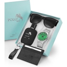 Polo Air Erkek Kol Saati Gözlük Parfüm Kartlık Anahtarlık Kombin Set Gümüş Yeşil Renk PL-0917E3