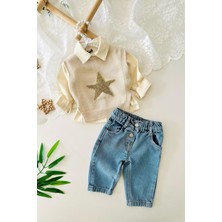 Miniğimin Cicileri Yıldız Pırıltı Detaylı Trikolu Kız Bebe 3 lü takım - Bej