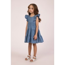 Kolları Fırfırlı Kat Kat Denim Kız Çocuk Yazlık Kolsuz Kot Elbise