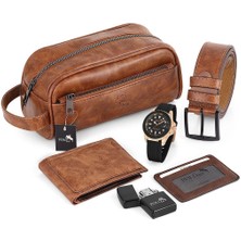 Takvimli Erkek Kol Saati El Çantası Cüzdan Kemer Kartlık Çakmak Set Siyah Bakır Renk PL-0942E3