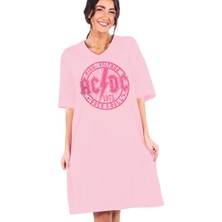 ROCKANDROLL Dairede Acdc Logo Pembe V Yaka Yarım Kol Diz Boy Ev Elbisesi Gecelik