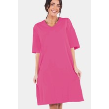 Rock&Roll Düz Fuşya V Yaka Yarım Kol Diz Boy Ev Elbisesi Gecelik