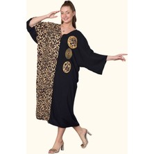 Kadın Siyah Leopar Desen Renk Bloklu Etnik Aplike Nakışlı Cepli Oversize Uzun Elbise