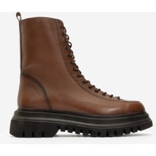 Dericlub Kadın Kalın Taban Bağcıklı Fermuarlı Casual Bot  Deri Br 66329 Taba