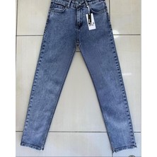 Kadın Momfit Likralı Mavi Jean Pantolon
