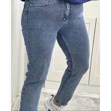 Kadın Momfit Likralı Mavi Jean Pantolon