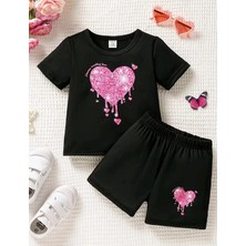 Punıx  Kıds  Özel  Tasarım  Parlak  Kalp  Baskılı  Yeni Stil  Kız Çocuk  T-Shırt  Şort  Takım