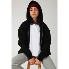 Coredra Basic Kadın Oversize Fit Kapüşonlu ve Fermuarlı Üst