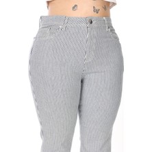 Ispanyol Paça Likralı Çizgili Kadın Büyük Beden Jeans Pantolon