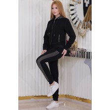 Rich Glam Kapüşonlu Crystal Taşlı 3 Iplik Fermuarlı Pamuklu Kadın Şık Tasarım Büyük Beden Eşofman Takımı