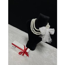 Amor Face Özel Tasarım Beyaz Dantel Kurdele Detaylı Üç Sıralı Şık Kadın Luxury Inci Gerdanlık